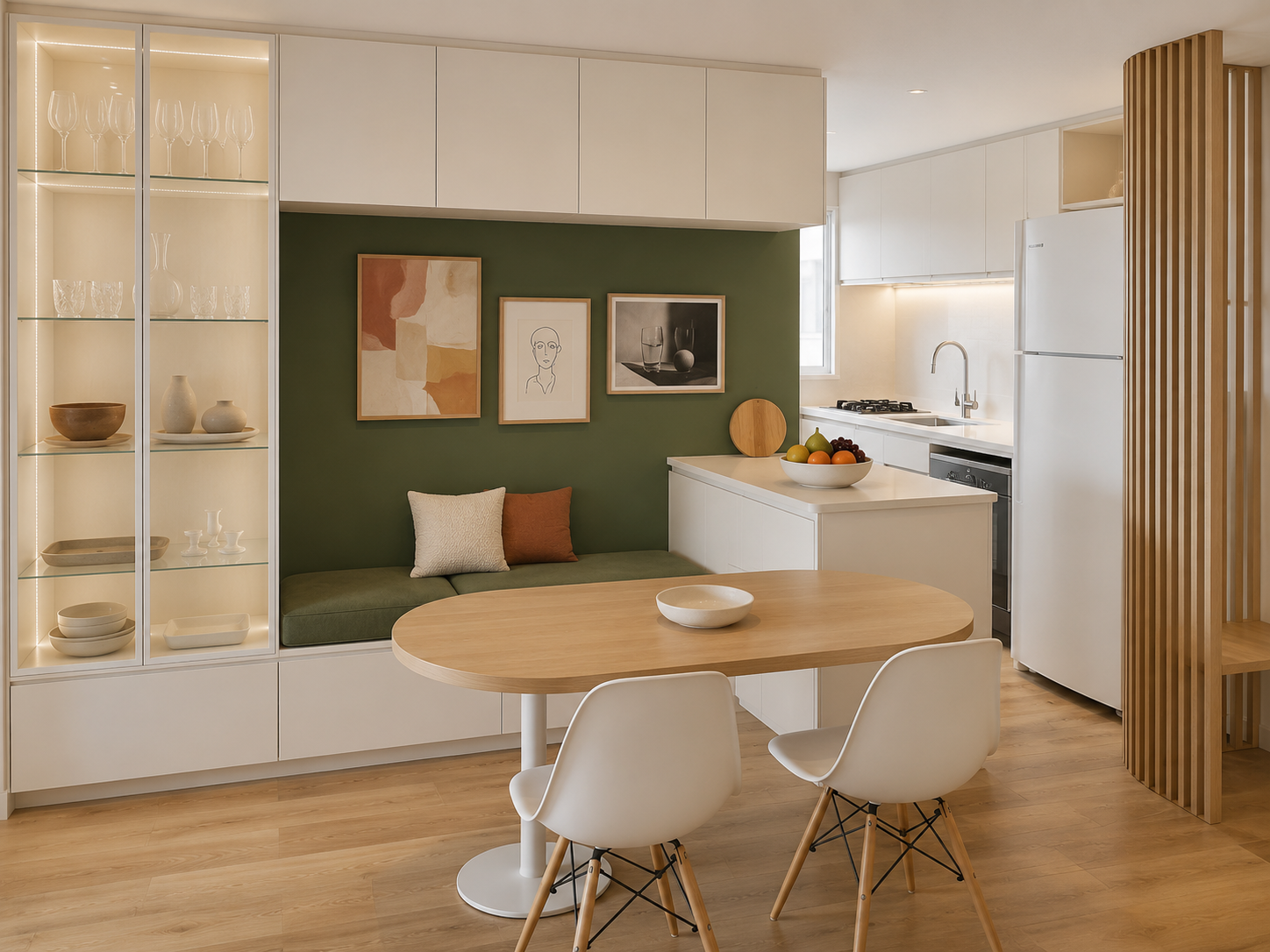 Apartamento Isa — jantar com cristaleira branca, parede verde e mesa em carvalho