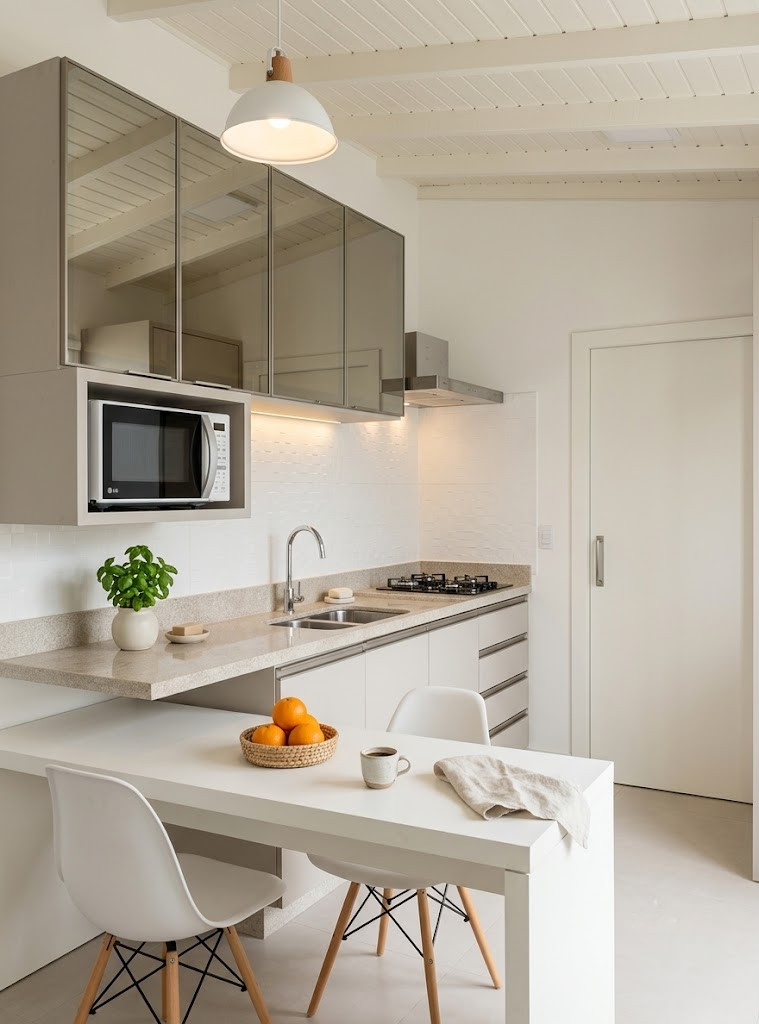 Casa Sambaqui — cozinha finalizada com bancada em granito e forro branco
